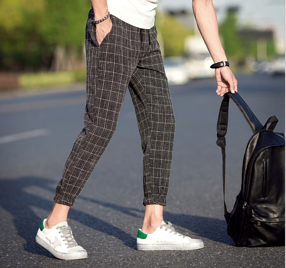 Casual Ankle Length Plaid Pants Men Trousers Hip Hop Jogger Pants